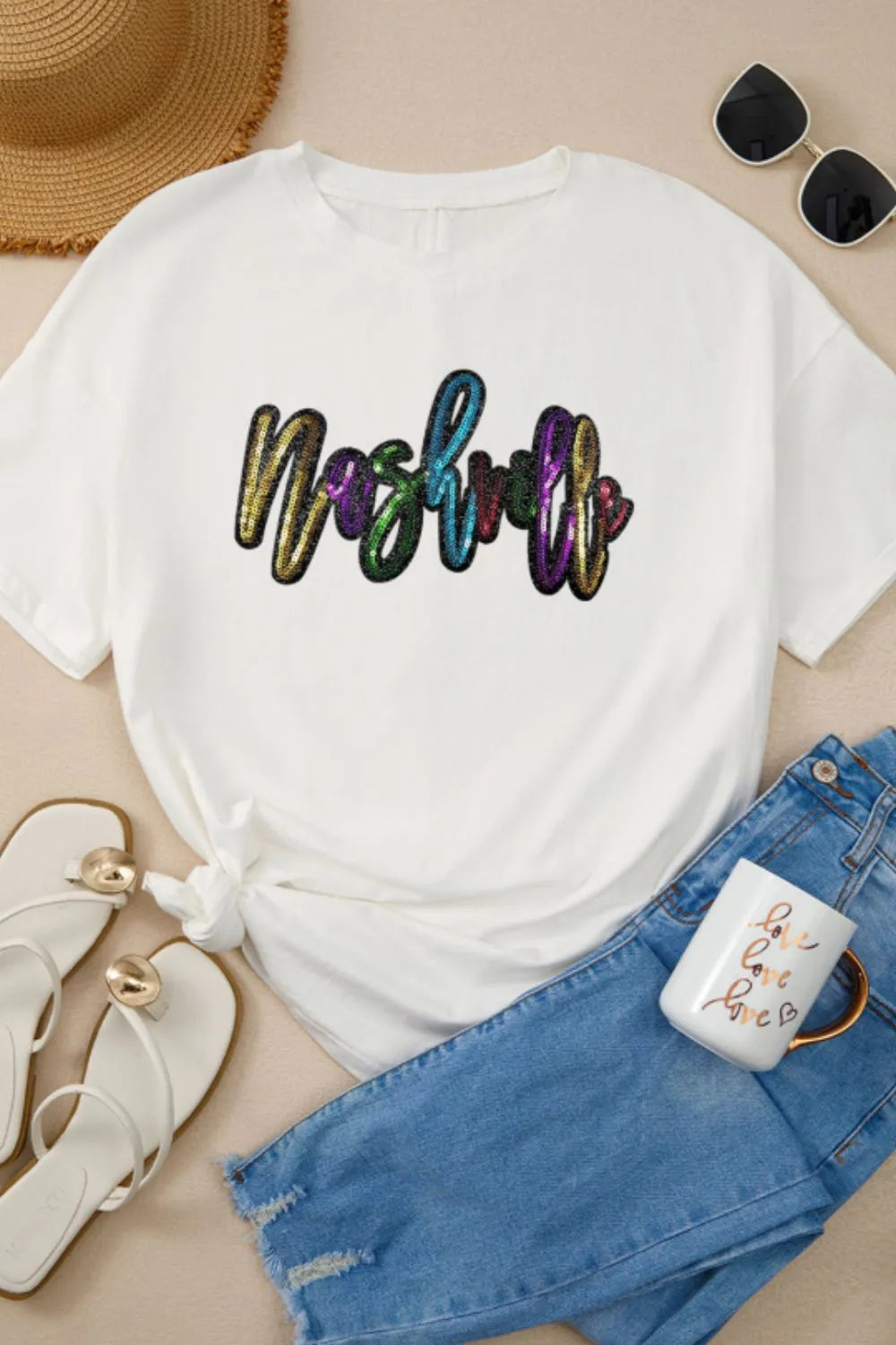 Sequin Round Neck Short Sleeve Oversized T-Shirt