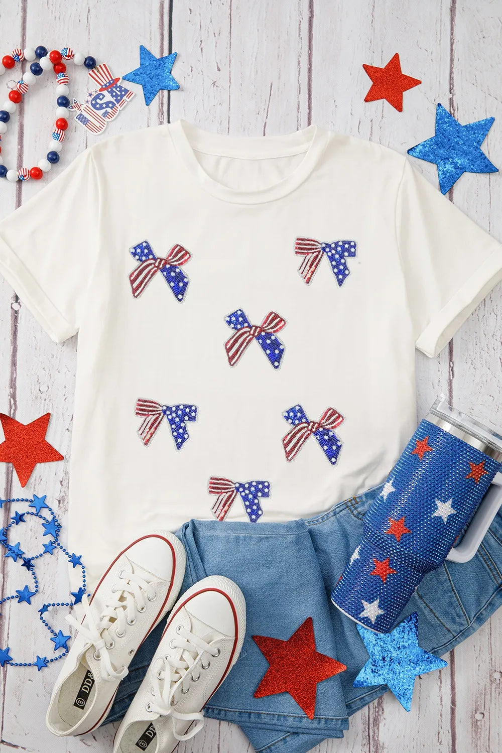Sequin Flag Bow Pattern Crew Neck Patriotic Tee