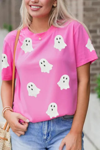 Pink Sequin Halloween Ghost Patched Casual T Shirt