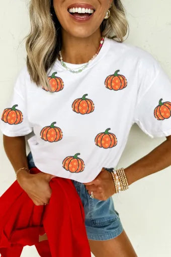 Sequined Star Pumpkin Graphic Casual Round Neck T Shirt