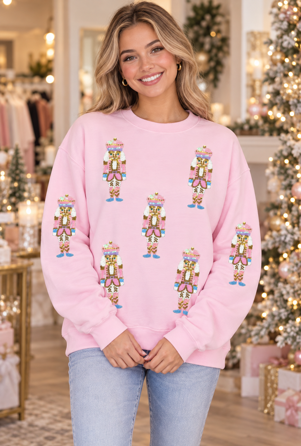 Pink Sequin Nutcracker Christmas Pullover Sweatshirt