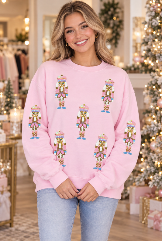 Pink Sequin Nutcracker Christmas Pullover Sweatshirt