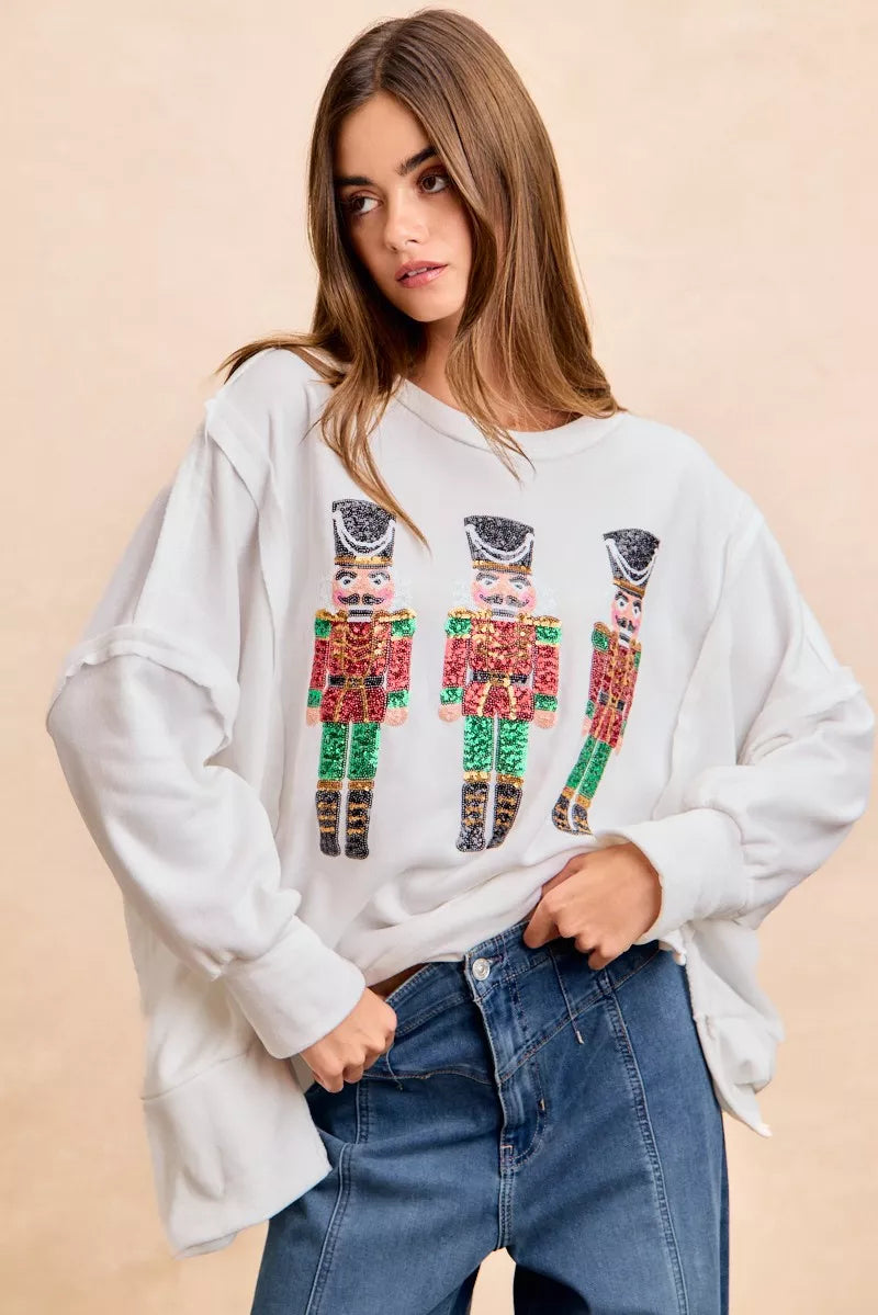 BiBi Christmas Sequin Nutcrackers Embroidery Sweatshirt