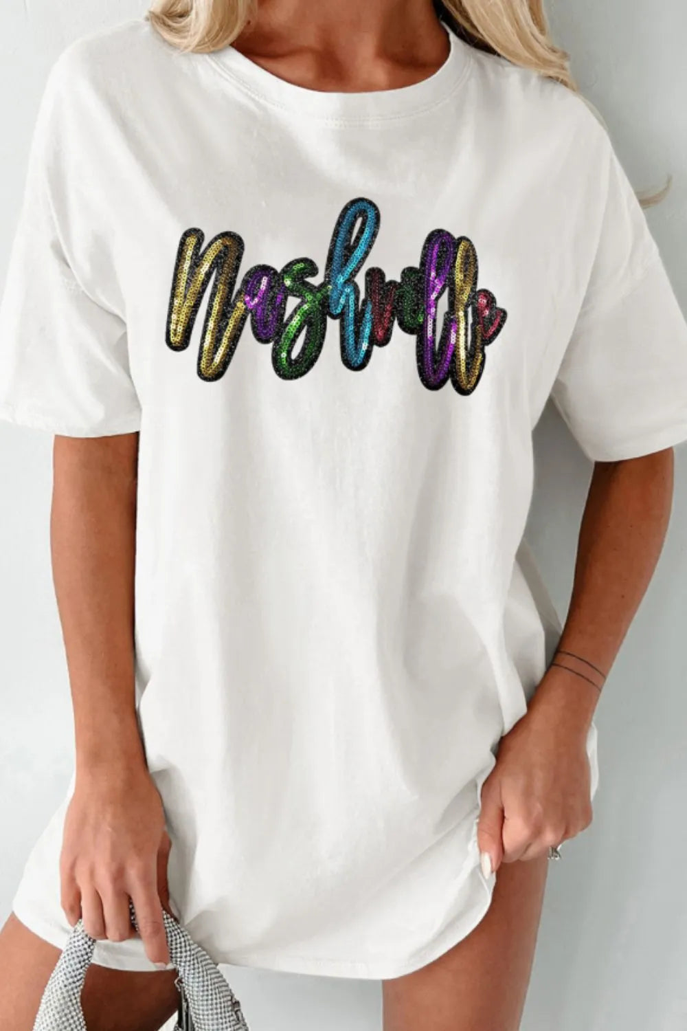Sequin Round Neck Short Sleeve Oversized T-Shirt