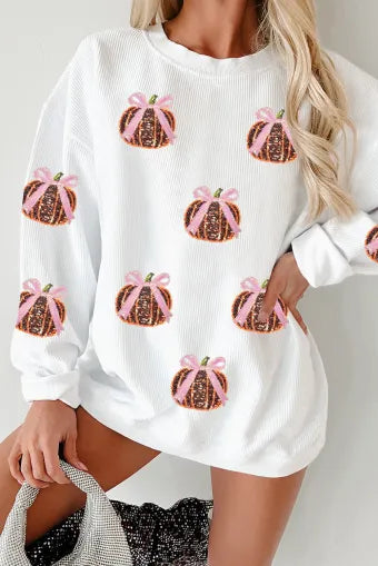 Twisted Ribbed Sequin Bow Pumpkin Graphic Baggy Sweatshirt