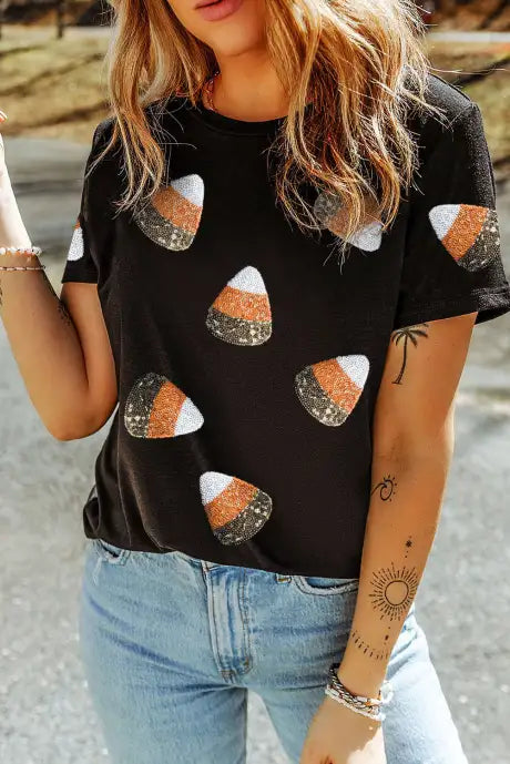 Sequin Candy Corn Pattern Halloween T Shirt