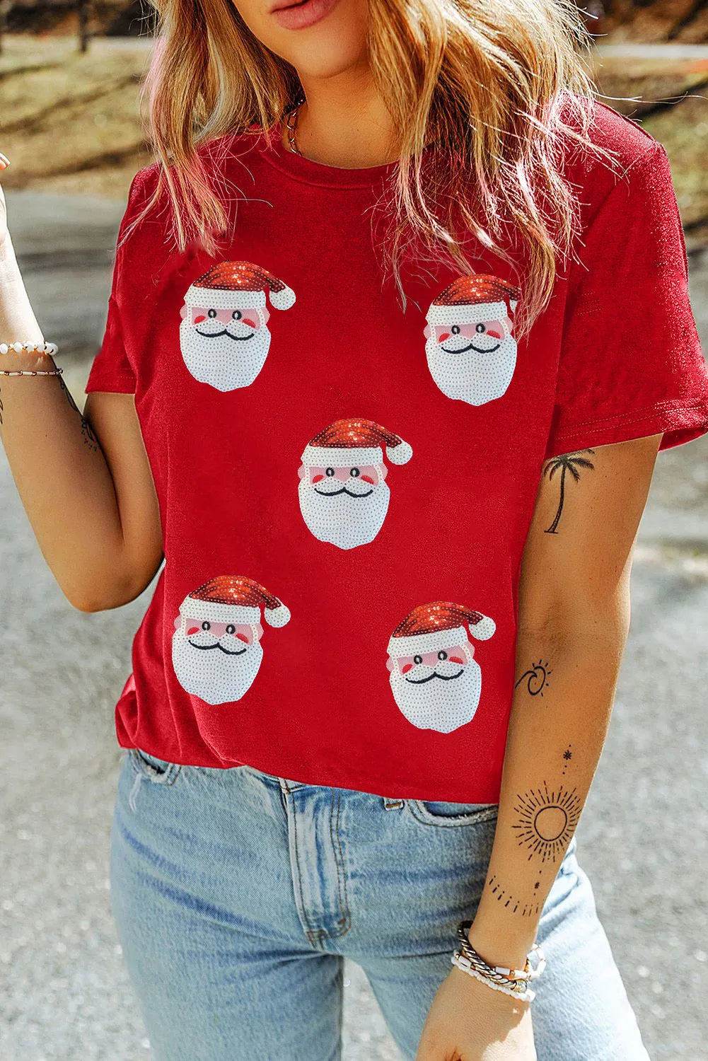 Sequin Santa Round Neck Short Sleeve T-Shirt RED