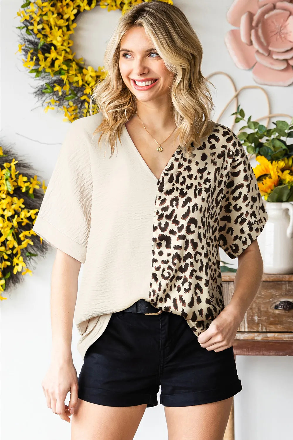 Khaki Leopard Polka Dot Color block Trim Long Sleeve Top